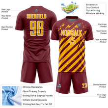 Загрузить изображение в средство просмотра галереи, Custom Burgundy Gold-White Distressed Diagonal Stripe Pattern Sports Sublimation Soccer Uniform Jersey