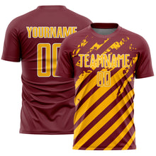 Загрузить изображение в средство просмотра галереи, Custom Burgundy Gold-White Distressed Diagonal Stripe Pattern Sports Sublimation Soccer Uniform Jersey