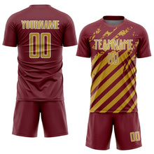 Загрузить изображение в средство просмотра галереи, Custom Burgundy Old Gold-White Distressed Diagonal Stripe Pattern Sports Sublimation Soccer Uniform Jersey