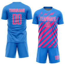 Загрузить изображение в средство просмотра галереи, Custom Powder Blue Pink-White Distressed Diagonal Stripe Pattern Sports Sublimation Soccer Uniform Jersey