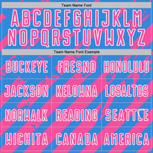 Загрузить изображение в средство просмотра галереи, Custom Powder Blue Pink-White Distressed Diagonal Stripe Pattern Sports Sublimation Soccer Uniform Jersey