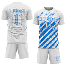 Загрузить изображение в средство просмотра галереи, Custom White Powder Blue Distressed Diagonal Stripe Pattern Sports Sublimation Soccer Uniform Jersey