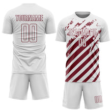 Загрузить изображение в средство просмотра галереи, Custom White Burgundy Distressed Diagonal Stripe Pattern Sports Sublimation Soccer Uniform Jersey