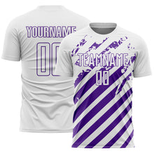 Загрузить изображение в средство просмотра галереи, Custom White Purple Distressed Diagonal Stripe Pattern Sports Sublimation Soccer Uniform Jersey