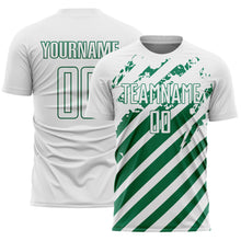 Загрузить изображение в средство просмотра галереи, Custom White Kelly Green Distressed Diagonal Stripe Pattern Sports Sublimation Soccer Uniform Jersey
