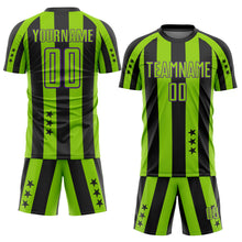 Laden Sie das Bild in den Galerie-Viewer, Custom Black Neon Green-Purple Stars And Stripes Sports Sublimation Soccer Uniform Jersey