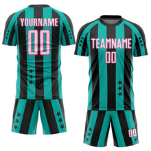 Laden Sie das Bild in den Galerie-Viewer, Custom Black White Aqua-Pink Stars And Stripes Sports Sublimation Soccer Uniform Jersey