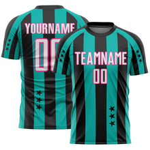 Laden Sie das Bild in den Galerie-Viewer, Custom Black White Aqua-Pink Stars And Stripes Sports Sublimation Soccer Uniform Jersey