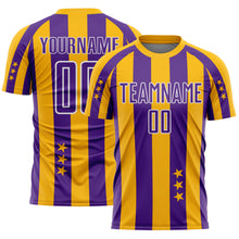 Laden Sie das Bild in den Galerie-Viewer, Custom Gold Purple-White Stars And Stripes Sports Sublimation Soccer Uniform Jersey