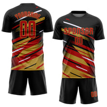 Load image into Gallery viewer, Custom Black Red Old Gold-White Grunge Stripe And Grainy Sports Sublimation Soccer Uniform Jersey