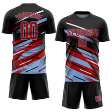 Load image into Gallery viewer, Custom Black Red Light Blue-White Grunge Stripe And Grainy Sports Sublimation Soccer Uniform Jersey