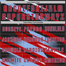 Load image into Gallery viewer, Custom Black Red Light Blue-White Grunge Stripe And Grainy Sports Sublimation Soccer Uniform Jersey