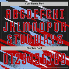 Load image into Gallery viewer, Custom Black Red Light Blue-White Grunge Stripe And Grainy Sports Sublimation Soccer Uniform Jersey