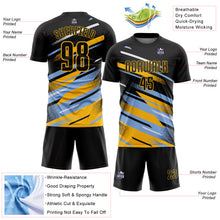 Load image into Gallery viewer, Custom Black Light Blue Gold-White Grunge Stripe And Grainy Sports Sublimation Soccer Uniform Jersey