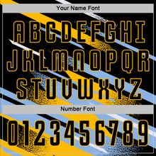 Load image into Gallery viewer, Custom Black Light Blue Gold-White Grunge Stripe And Grainy Sports Sublimation Soccer Uniform Jersey