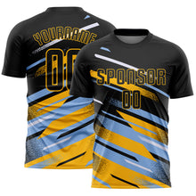 Load image into Gallery viewer, Custom Black Light Blue Gold-White Grunge Stripe And Grainy Sports Sublimation Soccer Uniform Jersey