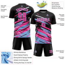 Load image into Gallery viewer, Custom Black Pink Light Blue-White Grunge Stripe And Grainy Sports Sublimation Soccer Uniform Jersey