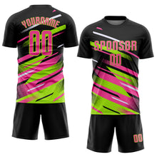 Load image into Gallery viewer, Custom Black Pink Neon Green-White Grunge Stripe And Grainy Sports Sublimation Soccer Uniform Jersey