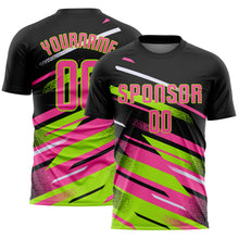 Load image into Gallery viewer, Custom Black Pink Neon Green-White Grunge Stripe And Grainy Sports Sublimation Soccer Uniform Jersey