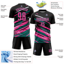 Laden Sie das Bild in den Galerie-Viewer, Custom Black Pink Teal-White Grunge Stripe And Grainy Sports Sublimation Soccer Uniform Jersey