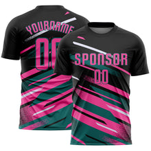 Laden Sie das Bild in den Galerie-Viewer, Custom Black Pink Teal-White Grunge Stripe And Grainy Sports Sublimation Soccer Uniform Jersey