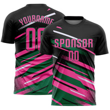 Load image into Gallery viewer, Custom Black Pink Kelly Green-White Grunge Stripe And Grainy Sports Sublimation Soccer Uniform Jersey