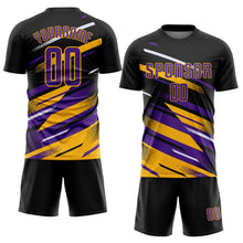 Загрузить изображение в средство просмотра галереи, Custom Black Purple Gold-White Grunge Stripe And Grainy Sports Sublimation Soccer Uniform Jersey
