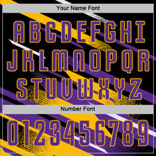 Загрузить изображение в средство просмотра галереи, Custom Black Purple Gold-White Grunge Stripe And Grainy Sports Sublimation Soccer Uniform Jersey