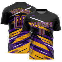 Загрузить изображение в средство просмотра галереи, Custom Black Purple Gold-White Grunge Stripe And Grainy Sports Sublimation Soccer Uniform Jersey
