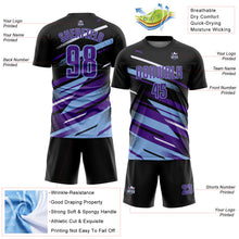Laden Sie das Bild in den Galerie-Viewer, Custom Black Purple Light Blue-White Grunge Stripe And Grainy Sports Sublimation Soccer Uniform Jersey