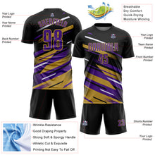 Charger l'image dans la galerie, Custom Black Purple Old Gold-White Grunge Stripe And Grainy Sports Sublimation Soccer Uniform Jersey