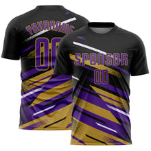 Charger l'image dans la galerie, Custom Black Purple Old Gold-White Grunge Stripe And Grainy Sports Sublimation Soccer Uniform Jersey