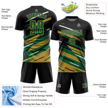 Charger l'image dans la galerie, Custom Black Kelly Green Old Gold-White Grunge Stripe And Grainy Sports Sublimation Soccer Uniform Jersey