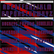 Laden Sie das Bild in den Galerie-Viewer, Custom Black Royal Red-White Grunge Stripe And Grainy Sports Sublimation Soccer Uniform Jersey