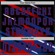 Laden Sie das Bild in den Galerie-Viewer, Custom Black Royal Red-White Grunge Stripe And Grainy Sports Sublimation Soccer Uniform Jersey