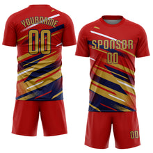 Laden Sie das Bild in den Galerie-Viewer, Custom Red Old Gold Navy-White Grunge Stripe And Grainy Sports Sublimation Soccer Uniform Jersey