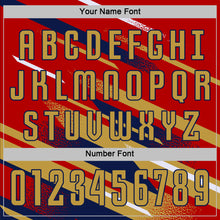 Laden Sie das Bild in den Galerie-Viewer, Custom Red Old Gold Navy-White Grunge Stripe And Grainy Sports Sublimation Soccer Uniform Jersey