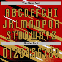 Laden Sie das Bild in den Galerie-Viewer, Custom Red Old Gold Black-White Grunge Stripe And Grainy Sports Sublimation Soccer Uniform Jersey