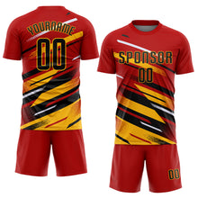 Laden Sie das Bild in den Galerie-Viewer, Custom Red Black Gold-White Grunge Stripe And Grainy Sports Sublimation Soccer Uniform Jersey