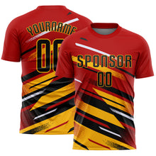 Laden Sie das Bild in den Galerie-Viewer, Custom Red Black Gold-White Grunge Stripe And Grainy Sports Sublimation Soccer Uniform Jersey