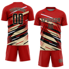 Laden Sie das Bild in den Galerie-Viewer, Custom Red Black Cream-White Grunge Stripe And Grainy Sports Sublimation Soccer Uniform Jersey