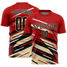 Laden Sie das Bild in den Galerie-Viewer, Custom Red Black Cream-White Grunge Stripe And Grainy Sports Sublimation Soccer Uniform Jersey