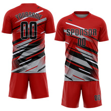 Charger l'image dans la galerie, Custom Red Black Gray-White Grunge Stripe And Grainy Sports Sublimation Soccer Uniform Jersey