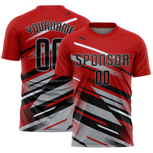 Charger l'image dans la galerie, Custom Red Black Gray-White Grunge Stripe And Grainy Sports Sublimation Soccer Uniform Jersey