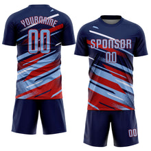 Загрузить изображение в средство просмотра галереи, Custom Navy Light Blue Red-White Grunge Stripe And Grainy Sports Sublimation Soccer Uniform Jersey