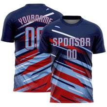Загрузить изображение в средство просмотра галереи, Custom Navy Light Blue Red-White Grunge Stripe And Grainy Sports Sublimation Soccer Uniform Jersey