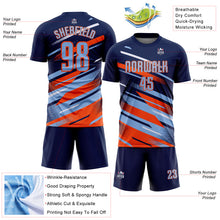 Load image into Gallery viewer, Custom Navy Light Blue Orange-White Grunge Stripe And Grainy Sports Sublimation Soccer Uniform Jersey
