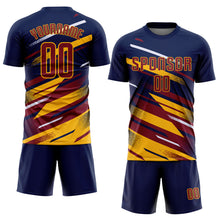 Загрузить изображение в средство просмотра галереи, Custom Navy Crimson Gold-White Grunge Stripe And Grainy Sports Sublimation Soccer Uniform Jersey