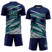 Charger l'image dans la galerie, Custom Navy Teal Gray-White Grunge Stripe And Grainy Sports Sublimation Soccer Uniform Jersey