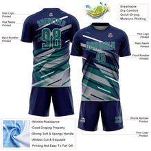 Charger l'image dans la galerie, Custom Navy Teal Gray-White Grunge Stripe And Grainy Sports Sublimation Soccer Uniform Jersey